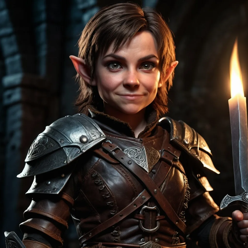 Prompt: photorealistic, (full body) female halfling rogue, detailed facial features with a mischievous expression, done in intricately designed dark leather armor, shadows cascading over her form, a dimly lit dungeon backdrop, flickering torchlight casting dramatic highlights, reflecting a mood of adventure and stealth, high quality, ultra-detailed présentation.