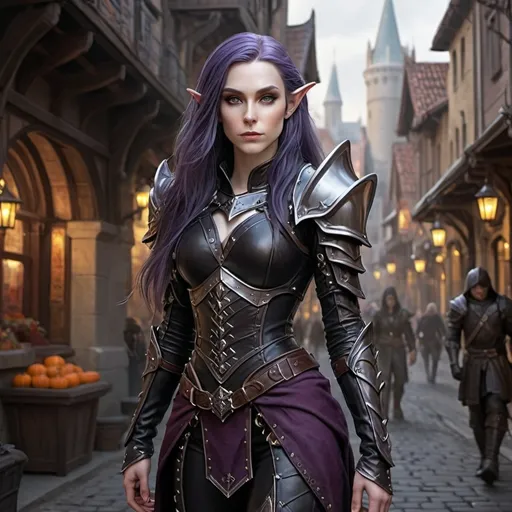 Prompt: hyper-realistic Full body, (attractive) and (mysterious) Female Elandrin Elf of Autumn, rogue, pale skin, purple long hair wearing a black expensive tight studded leather armor and a shadowy demeanor. The background is a street of the city of Waterdeep, adding to the enchanted atmosphere. Medium: high quality, ultra-detailed, cinematic, fantasy character art, illustration, dnd, warm tone