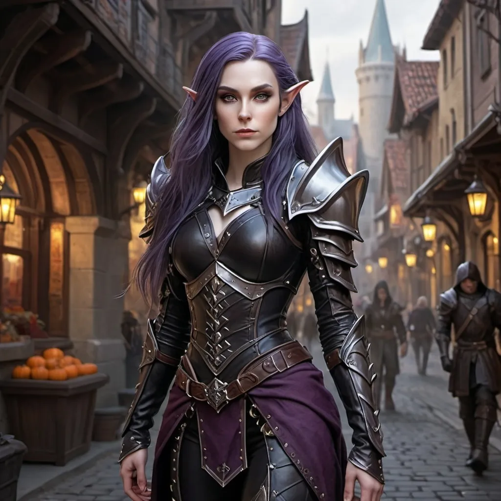 Prompt: hyper-realistic Full body, (attractive) and (mysterious) Female Elandrin Elf of Autumn, rogue, pale skin, purple long hair wearing a black expensive tight studded leather armor and a shadowy demeanor. The background is a street of the city of Waterdeep, adding to the enchanted atmosphere. Medium: high quality, ultra-detailed, cinematic, fantasy character art, illustration, dnd, warm tone