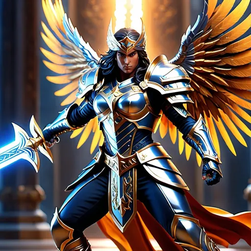 Prompt: Aasimar, paladin (full body), dynamic (combat pose), striking armor with intricate designs, holy symbols glowing softly, heroic stature, dramatic lighting highlighting muscular physique, sword raised, fierce determination in expression, ethereal background with celestial elements, radiant aura, epic and inspiring atmosphere, ultra-detailed, vibrant colors, high quality 4K.