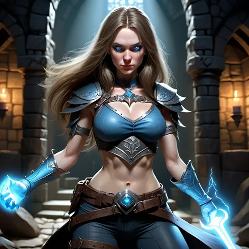 Prompt: hyper-realistic, female human cleric, (full body fighting pose), attractive lean body, pale skin, long hair, blue detailed eyes, beautiful face, (confident and wicked), wearing no cloth on top and tight pants, background is a dungeon, fantasy setting, vibrant colors, dynamic posture, ultra-detailed facial features, dramatic lighting, rich textures, perfect for Dungeons and Dragons illustration, high-quality image, character depth.