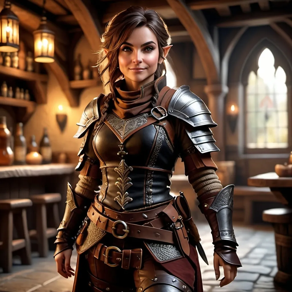 Prompt: Photorealistic, full body, (female halfling rogue), intricate detail on facial features, dynamic pose, wearing a detailed leather armor, carrying various tools and weapons, dramatic shadows, dimensional depth, soft lighting to enhance textures, finely crafted background resembling a medieval tavern, captivating atmosphere, (4K ultra-detailed)