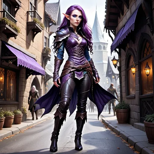 Prompt: A full body attractive character rogue female Auttum Eladrin elf stands on a street of the city of Neverwinter, she has long flowing purple hair, pale skin, ice blue eyes and a regal and ethereal beauty, she wears black studded leather armor and and high heels black leather boots . fantasy character art, illustration, dnd, warm tone, 