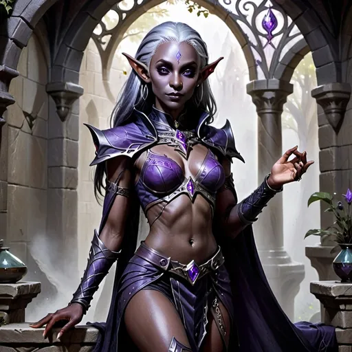 Prompt: Photorealistic, full body, depiction of a dark elf drow, female character, Dungeons & Dragons character, inspired, showcasing exquisite details in her attire and features, with intricate jewelry and a graceful pose, set against a richly detailed fantasy background, conveying a sense of mystery and allure, ultra-detailed.