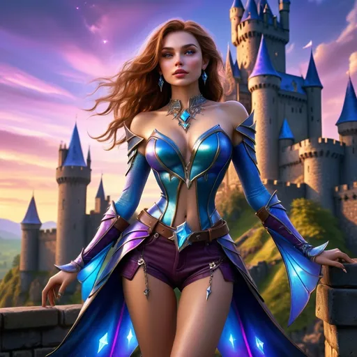 Prompt: Hyper realistic, human, full body DnD character, (alluring pose), (human female), (beautiful attractive sorcerer), tight short clothes, enchanting magical aura, intricate jewelry, dramatic lighting, vibrant colors, high fantasy theme, strong expressions, detailed textures, (ultra-detailed), immersive background of a castle, dusk ambiance, high quality, magical aura sparks.