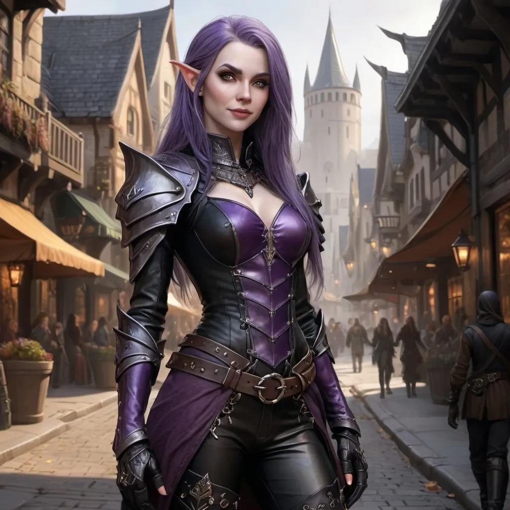 Prompt: hyper-realistic, Full body, (attractive) and (mysterious) Female Elandrin Elf of Autumn, rogue, pale skin, purple long hair, wicked smile, wearing a black expensive tight studded leather armor with high heels black leather boots, and a shadowy demeanor. The background is a street of the city of Waterdeep, adding to the enchanted atmosphere. Medium: high quality, ultra-detailed, cinematic, fantasy character art, illustration, dnd, warm tone