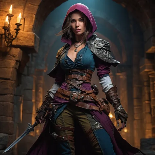 Prompt: (fantasy character), (female rogue), full body, attractive, sensual pose, detailed attire with phew clothes, high fantasy setting, rich textures, moody lighting, intricate accessories, dynamic stance, dramatic shadows, mystical ambiance, (Dungeons and Dragons inspired), vibrant colors, ultra-detailed, HD quality.