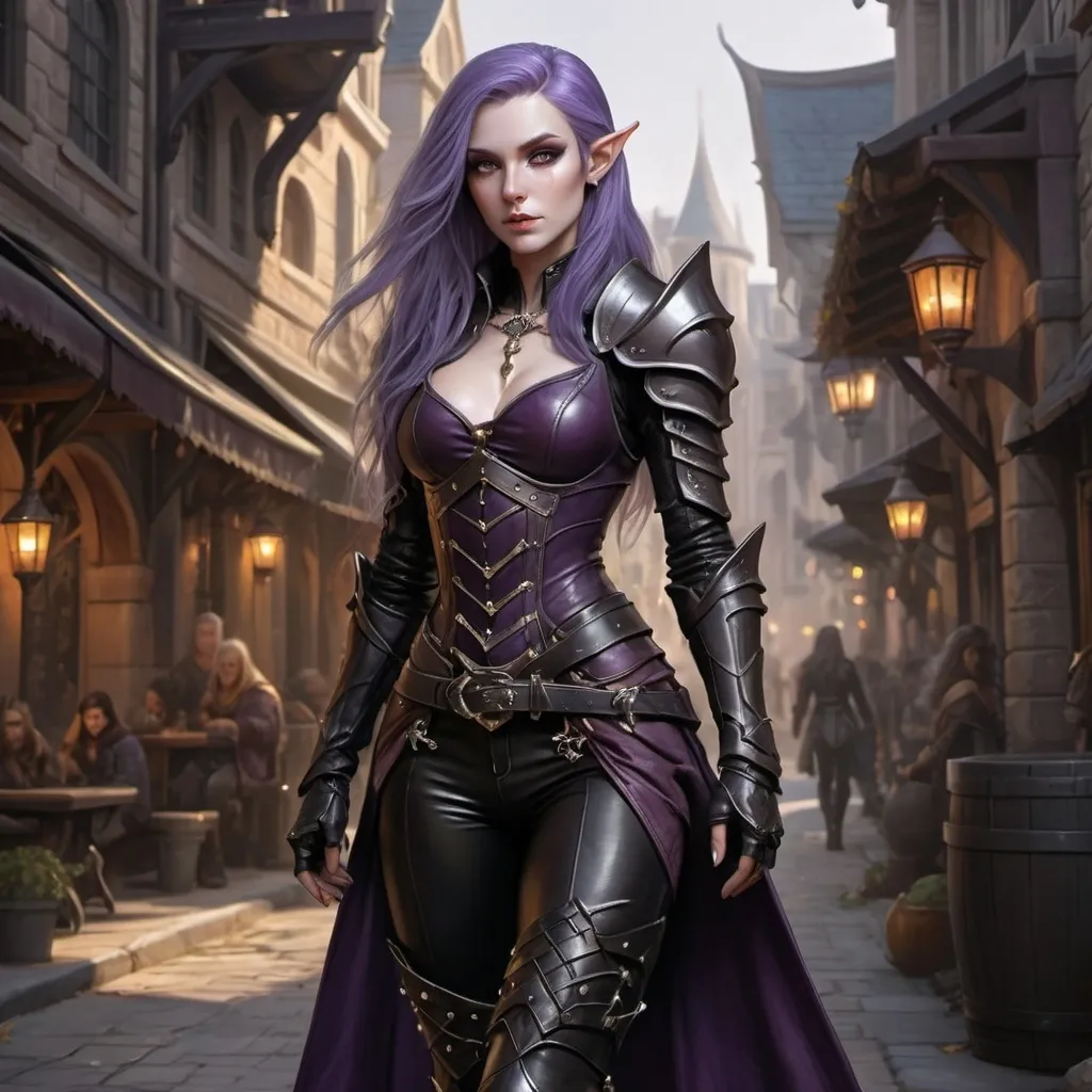 Prompt: FULL BODY hyper-realistic, (attractive) and (mysterious) Female Elandrin Elf of Autumn, rogue, pale skin, purple long hair wearing a black expensive tight studded leather armor with high heels black leather boots, and a shadowy demeanor. The background is a street of the city of Waterdeep, adding to the enchanted atmosphere. Medium: high quality, ultra-detailed, cinematic, fantasy character art, illustration, dnd, warm tone