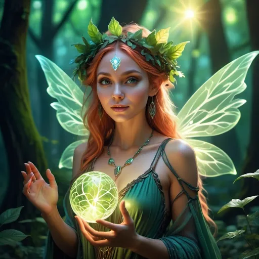 Prompt: (Full body character portrait), Female Fairy Druid, enchanting forest background, dramatic lighting casting playful shadows, ethereal and magical aura, intricate leafy attire, glowing magical orbs around her, (beautiful, elegant pose), captivating expression with a hint of mischief, vibrant colors enhancing attractiveness, ultra-detailed, whimsical atmosphere, 4K quality, fantasy art style.