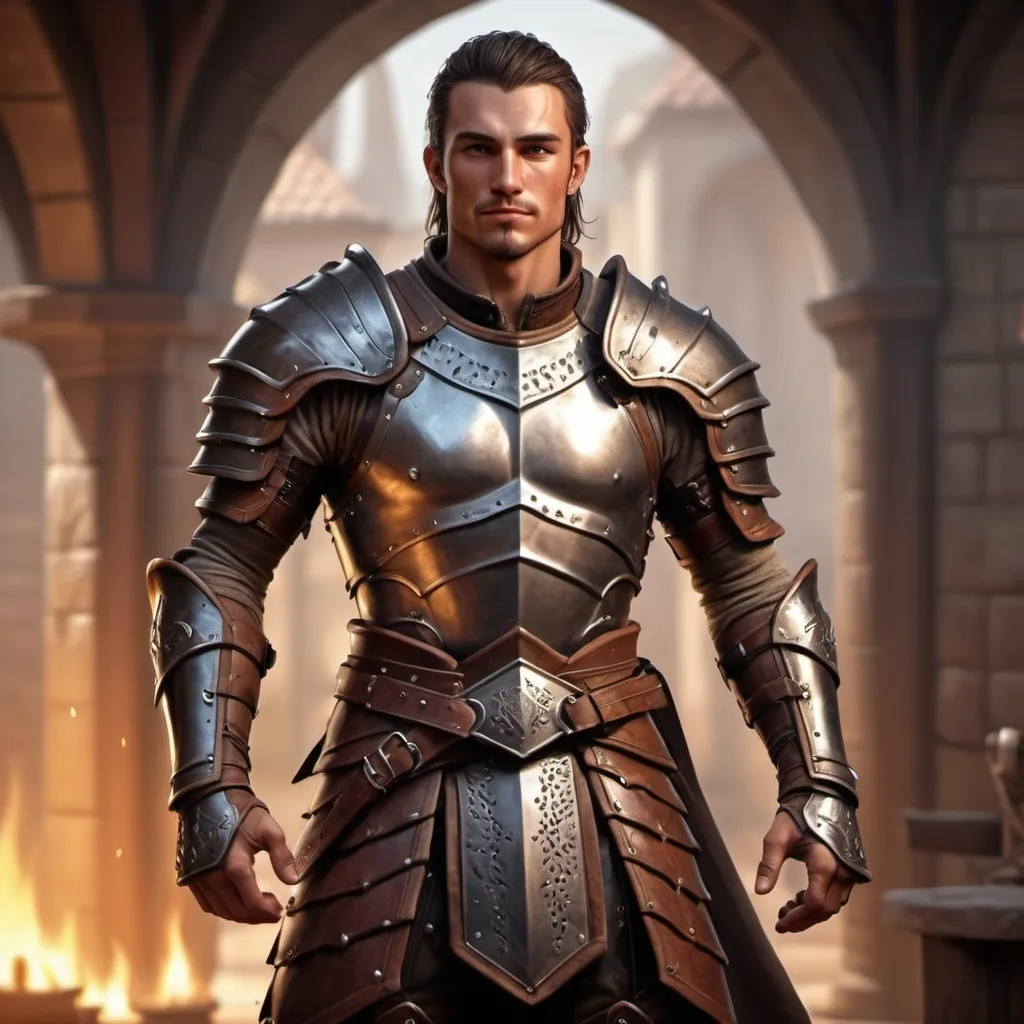 Prompt: hyper-realistic male human fighter, full body pose, (attractive) with (muscular but lean) build, (defiant smile), (studded leather armor), high-quality, ultra-detailed, cinematic fantasy character art, warm tones creating an inviting atmosphere, intricate armor details, soft shadows enhancing muscular definition, epic fantasy setting in the background, perfect for Dungeons and Dragons illustration.