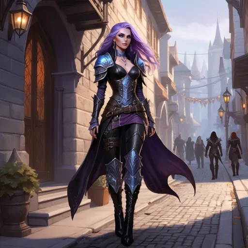 Prompt: A full body attractive character rogue female Auttum Eladrin elf stands on a street of the city of Neverwinter, she has long flowing purple hair, parle skin, ice blue eyes and a regal and ethereal beauty, she wears black studded leather armour and and high heels black leather boots . fantasy character art, illustration, dnd, warm tone, 