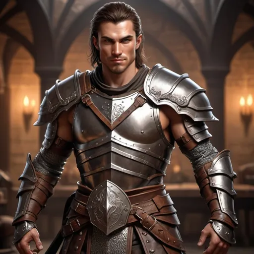 Prompt: hyper-realistic male human fighter, full body pose, (attractive) with (muscular but lean) build, (defiant smile), (studded leather armor), high-quality, ultra-detailed, cinematic fantasy character art, warm tones creating an inviting atmosphere, intricate armor details, soft shadows enhancing muscular definition, epic fantasy setting in the background, perfect for Dungeons and Dragons illustration.