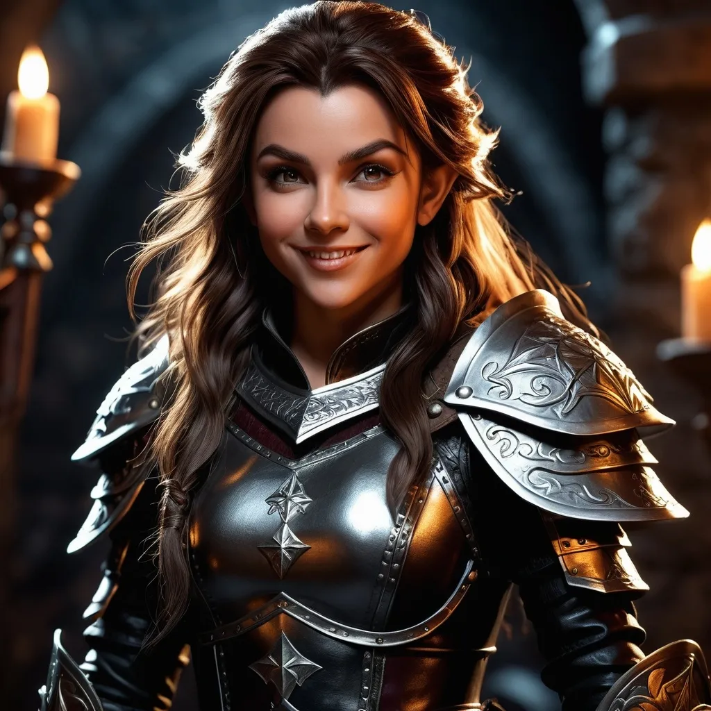 Prompt: (hyper-realistic) dungeon and dragons character, female halfling rogué, (high definition), long hair, attractive body, evil gaze, wicked smile, wearing tight and luxurious tight leather armor, intense details, vivid textures, dramatic lighting, captivating atmosphere, ultra-detailed.