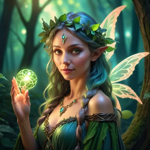 Prompt: (Quarter-length character portrait), Female Fairy Druid, enchanting forest background, dramatic lighting casting playful shadows, ethereal and magical aura, intricate leafy attire, glowing magical orbs around her, (beautiful, elegant pose), captivating expression with a hint of mischief, vibrant colors enhancing attractiveness, ultra-detailed, whimsical atmosphere, 4K quality, fantasy art style.