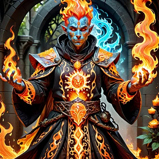 Prompt: Dungeons and Dragons character, Fire Genasi, (full body), (highly detailed), male, warlock wielding arcane flames, intricate mystical tattoos illuminating his skin, dressed in ornate robes with fiery accents, standing in a glowing fantasy setting with enchanted flora, swirling fire energy around him, (4K resolution), captivating and magical ambiance, vibrant color tones.