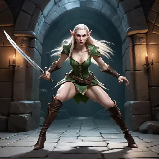 Prompt: hyper-realistic, female elf, bard, (full body fighting pose), attractive lean body, pale skin, long hair,  detailed eyes, beautiful face, (confident and wicked), wearing no cloth on top and tight pants, background is a dungeon, fantasy setting, vibrant colors, dynamic posture, ultra-detailed facial features, dramatic lighting, rich textures, perfect for Dungeons and Dragons illustration, high-quality image, character depth.