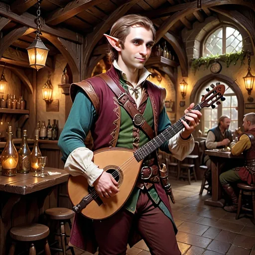 Prompt: hyper-realistic half-elf bard, (full body pose), (charismatic and handsome), intricately detailed expensive clothing, elegant instruments, fantasy setting, vibrant colors, dynamic posture, ultra-detailed facial features, dramatic lighting, rich textures, lush background, tavern ambiance, enchanting atmosphere, perfect for Dungeons and Dragons illustration, high-quality image, character depth.