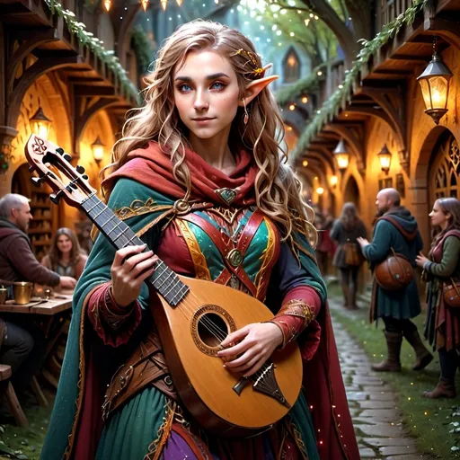 Prompt: (half elf), full body, attractive and alluring female bard, wearing a vibrant cloak, intricately designed musical instrument slung across her back, captivating expression, defined facial features, flowing hair, detailed accessories, set in a magical fantasy environment, soft glowing lights around, enchanting and inviting atmosphere, highly detailed, ultra-detailed 4K quality.