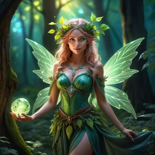 Prompt: (Full body character portrait), Female Fairy Druid, enchanting forest background, dramatic lighting casting playful shadows, ethereal and magical aura, intricate leafy attire, glowing magical orbs around her, (beautiful, elegant pose), captivating expression with a hint of mischief, vibrant colors enhancing attractiveness, ultra-detailed eyes, ultra-detailed, whimsical atmosphere, 4K quality, fantasy art style.