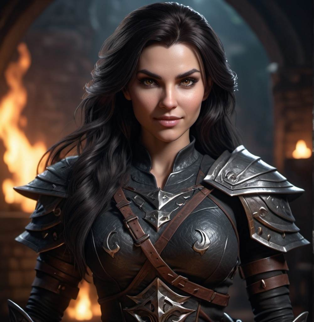 Prompt: Photorealistic, detailed face, high resolution, 4k, full body dungeons and dragons character, female human warrior, high definition, long dark hair, attractive body, evil gaze, wicked smile, wearing tight and luxurious clothes, intense details, vivid textures, dramatic lighting, captivating atmosphere, fantasy realm background, ultra-detailed.