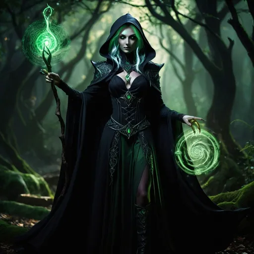 Prompt: Full body, (Drow) attractive female warlock, intricate magical symbols, elegant dark attire, mystical aura, captivating green eyes glowing softly, staff in hand, enchanting pose, detailed fantasy elements, deep shadows, eldritch energy swirling around, (highly detailed), cinematic lighting, dramatic atmosphere, (Dungeons and Dragons theme), enchanting forest background.