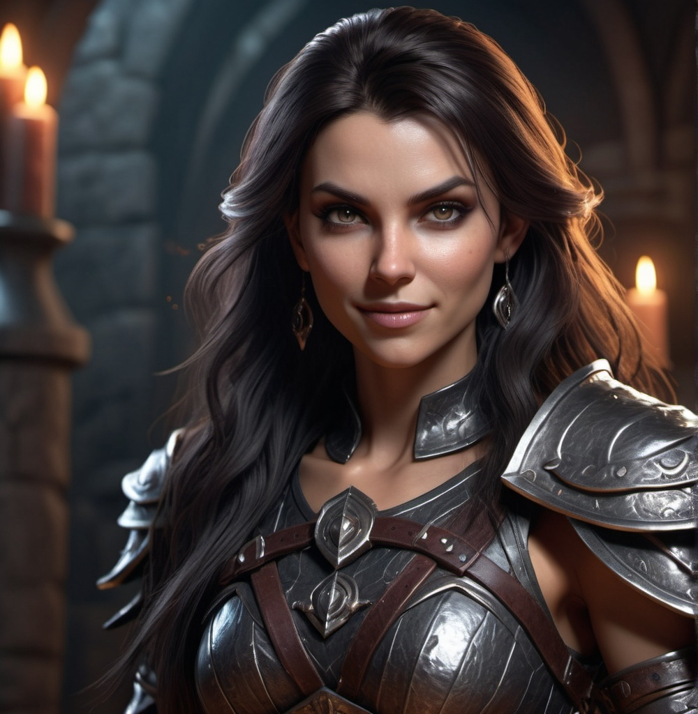 Prompt: Photorealistic, detailed face, high resolution, 4k, full body dungeons and dragons character, female human warrior, high definition, long dark hair, attractive body, evil gaze, wicked smile, wearing tight and luxurious clothes, intense details, vivid textures, dramatic lighting, captivating atmosphere, fantasy realm background, ultra-detailed.