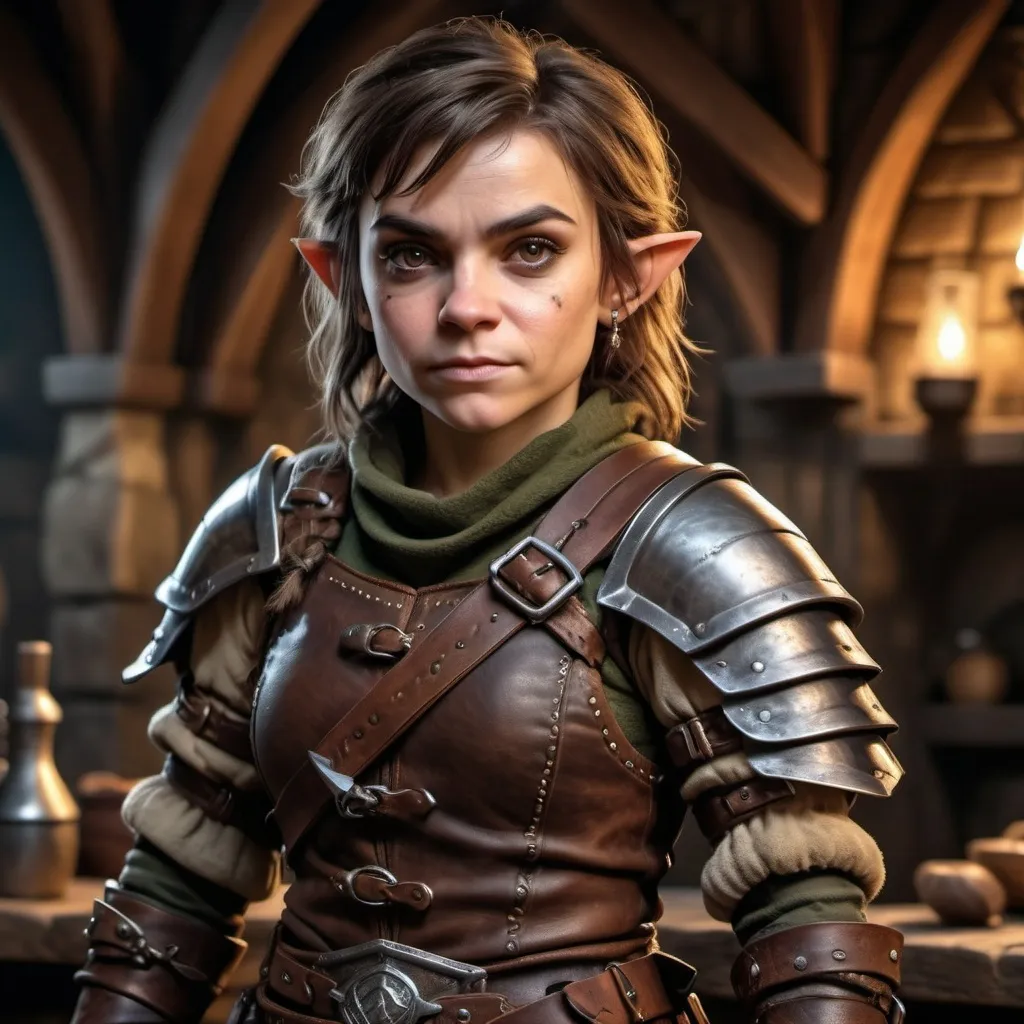 Prompt: hyper-realistic, full body portrait of a (female halfling rogue), intricate detail on facial features, dynamic pose, wearing a detailed leather armor, carrying various tools and weapons, dramatic shadows, dimensional depth, soft lighting to enhance textures, finely crafted background resembling a medieval tavern, captivating atmosphere, (4K ultra-detailed)