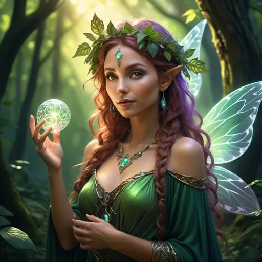 Prompt: (Quarter-length character portrait), Female Fairy Druid, enchanting forest background, dramatic lighting casting playful shadows, ethereal and magical aura, intricate leafy attire, glowing magical orbs around her, (beautiful, elegant pose), captivating expression with a hint of mischief, vibrant colors enhancing attractiveness, ultra-detailed, whimsical atmosphere, 4K quality, fantasy art style.