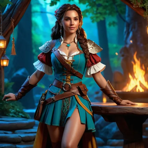 Prompt: Hyper realistic, (full body Dungeons and Dragons character), human Bard, (hyper-realistic) depiction, (gorgeous) female character, attractive short outfit with vibrant colors and intricate details, dynamic pose showcasing confidence, atmospheric fantasy background with hints of a tavern or magical forest, evocative expressions, (4K) ultra-detailed, captivating lighting enhancing beauty and allure, enchanting ambiance of adventure.