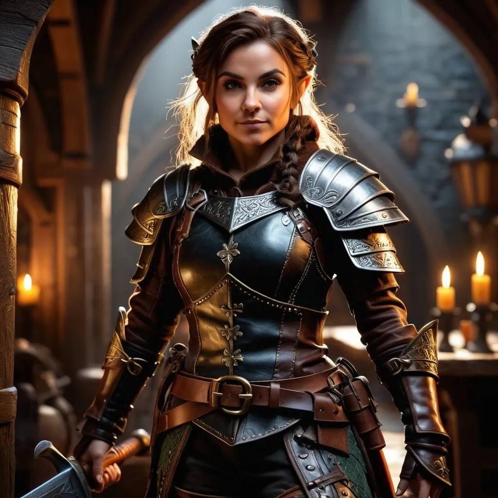 Prompt: Photorealistic, full body, (female halfling rogue), intricate detail on facial features, dynamic pose, wearing a detailed leather armor, carrying various tools and weapons, dramatic shadows, dimensional depth, soft lighting to enhance textures, finely crafted background resembling a medieval tavern, captivating atmosphere, (4K ultra-detailed)