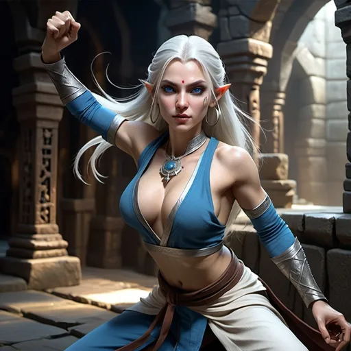 Prompt: hyper-realistic, female Kalashtar monk, (full body fighting pose), attractive lean body, pale skin, silver white long hair, blue detailed eyes, beautiful face, (confident and wicked), wearing no cloth on top and tight pants, background is a dungeon, fantasy setting, vibrant colors, dynamic posture, ultra-detailed facial features, dramatic lighting, rich textures, perfect for Dungeons and Dragons illustration, high-quality image, character depth.