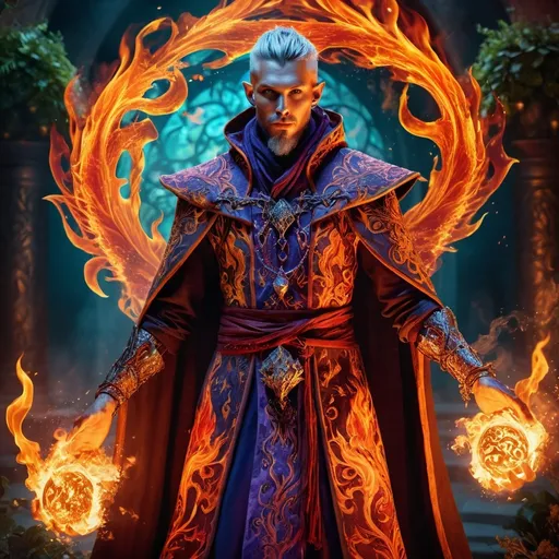 Prompt: Dungeons and Dragons character, Fire Genasi, (full body), (highly detailed), male warlock wielding arcane flames, intricate mystical tattoos illuminating his skin, dressed in ornate robes with fiery accents, standing in a glowing fantasy setting with enchanted flora, swirling fire energy around him, (4K resolution), captivating and magical ambiance, vibrant color tones.