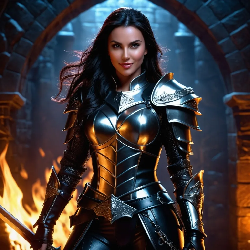 Prompt: (hyper-realistic) dungeon and dragons character, female human warrior, (high definition), long dark hair, attractive body, evil gaze, wicked smile, wearing tight and luxurious leather armor, intense details, vivid textures, dramatic lighting, captivating atmosphere, fantasy realm background, ultra-detailed.