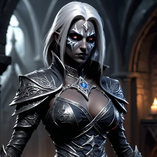 Prompt: Full body, hyper realistic, (dark fantasy dungeons and dragons character), (Drow  female sorcerer), darkgray skin in face and body, dramatic full attractively body posture, (intense wicked stare), detailed tight short outfit, intricate patterns, layered textures, expression showcasing attractive, (shadowy background), elements of intrigue, (moody ambiance), hints of dim light, ethereal glow, intricately detailed accessories, (4K), ultra-detailed, art illustration, sinister allure. Same skin in face and body.