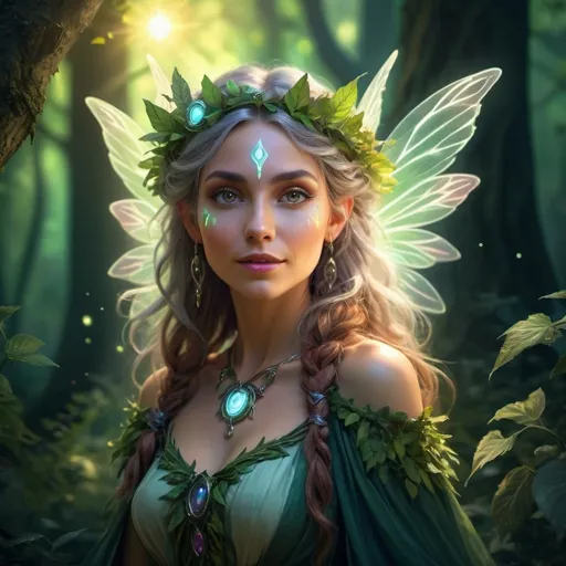 Prompt: (Quarter-length character portrait), Female Fairy Druid, enchanting forest background, dramatic lighting casting playful shadows, ethereal and magical aura, intricate leafy attire, glowing magical orbs around her, (beautiful, elegant pose), captivating expression with a hint of mischief, vibrant colors enhancing attractiveness, ultra-detailed, whimsical atmosphere, 4K quality, fantasy art style.