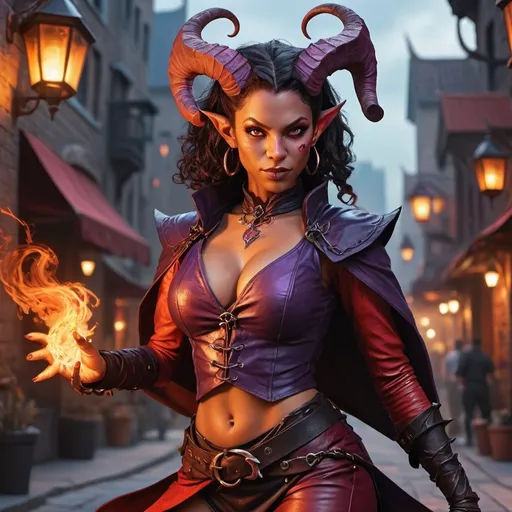 Prompt: hyper-realistic, female attractive tiefling warlock, (full body combat pose), curvaceous lean body,  beauty full face, (flirting and dangerous), intricately detailed short clothes, background is a city, fantasy setting, vibrant colors, dynamic posture, ultra-detailed facial features, dramatic lighting, rich textures, perfect for Dungeons and Dragons illustration, high-quality image, character depth.