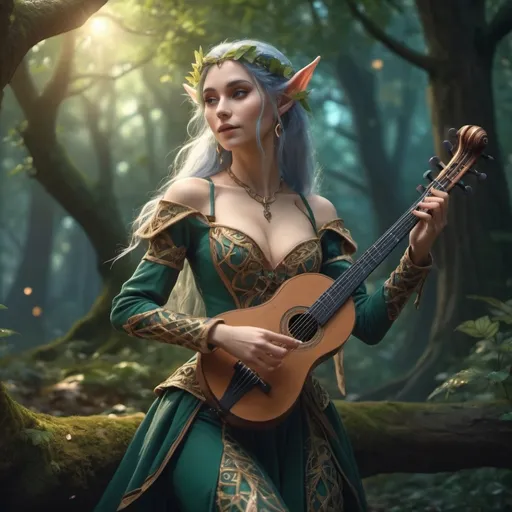 Prompt: Half-elf bard, (full body), alluring and attractive female figure, vibrant fantasy setting, intricate costume details, (dynamic pose playing a musical instrument), dramatic expression, enchanted atmosphere, soft magical lighting, lush background with hints of a mystical forest, (4K ultra-detailed).