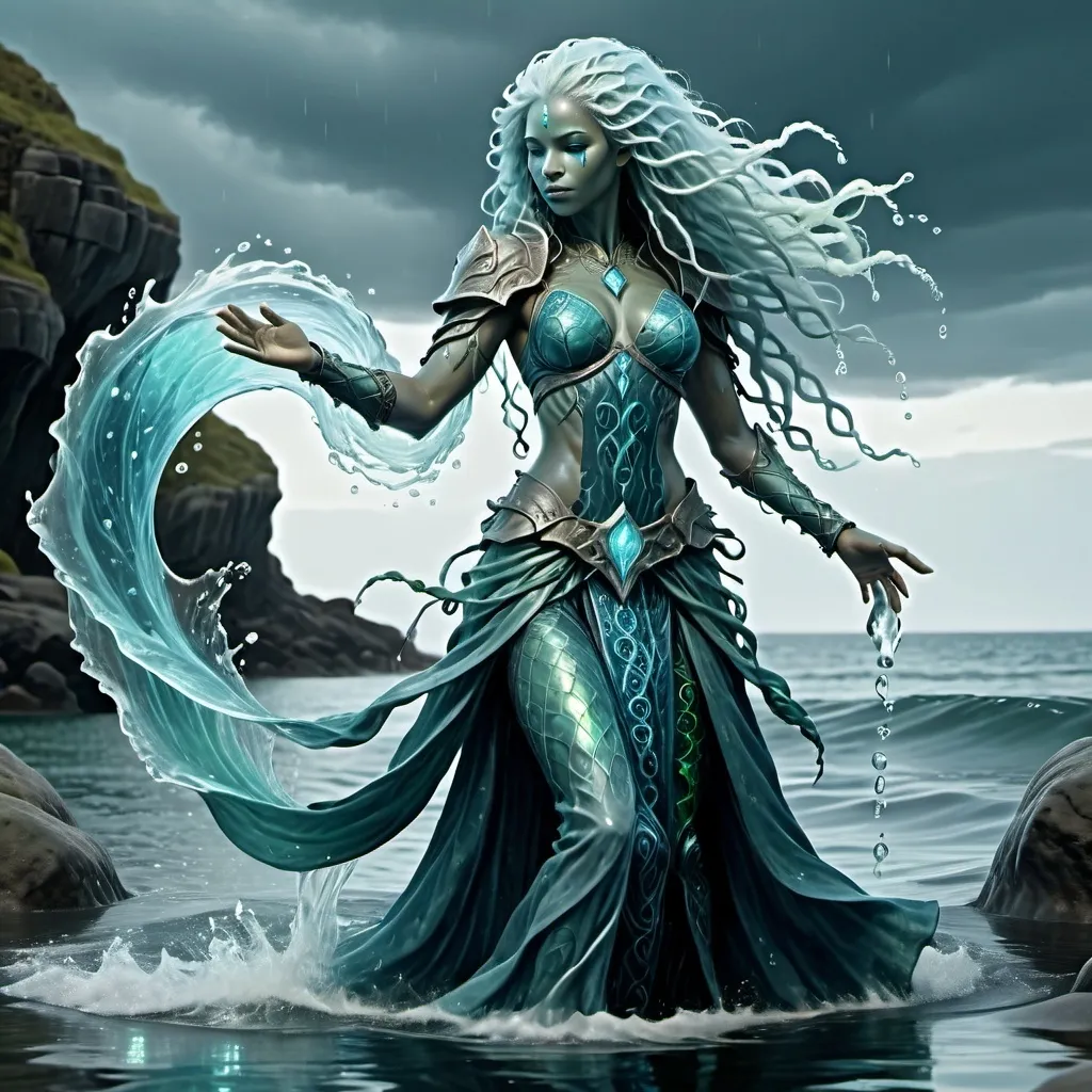 Prompt: Water Genasi warlock, full body pose, (highly detailed), (4K resolution), mystical ambiance, intricate clothing inspired by aquatic themes, shimmering blues and greens, ethereal glow, flowing hair resembling water waves, fantasy setting with magical elements, enchanting backdrop of a shimmering ocean or serene lakeside, captivating expressions evoking power and mystery.