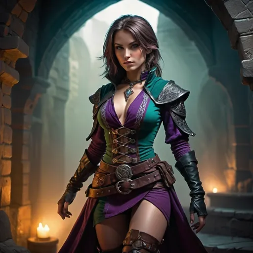 Prompt: (fantasy character), (female rogue), full body, attractive, sensual pose, detailed attire with phew short clothes, high fantasy setting, rich textures, moody lighting, intricate accessories, dynamic stance, dramatic shadows, mystical ambiance, (Dungeons and Dragons inspired), vibrant colors, ultra-detailed, HD quality.