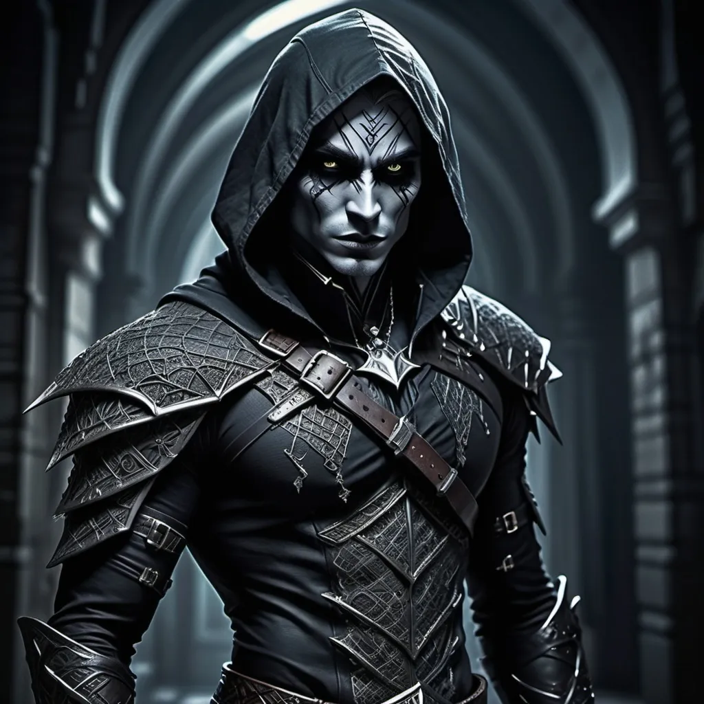 Prompt: (dark fantasy character), Drow male rogue, dramatic full body posture, (intense wicked stare), detailed outfit with dark, intricate patterns, layered textures, expression showcasing cunning, (shadowy background), elements of intrigue, (moody ambiance), hints of dim light, (ultra-detailed), high quality, cinematic surrealism.