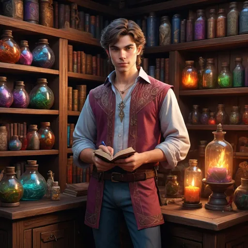 Prompt: hyper-realistic young wizard, (full body pose), (thin and handsome), tanned skin, dressed in intricately detailed shirt and pants, surrounded by various potions and spellbooks, (ultra-detailed), (high-quality), cinematic lighting enhancing the magical ambiance, vibrant colors bringing the potions to life, elaborate shelves filled with mystical ingredients in a cozy potions store, perfect for Dungeons and Dragons illustration.