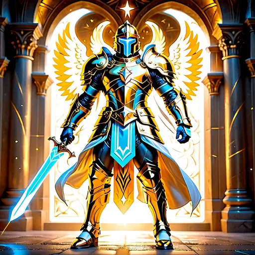 Prompt: Aasimar, paladin (full body), dynamic (combat pose), striking armor with intricate designs, holy symbols glowing softly, heroic stature, dramatic lighting highlighting muscular physique, sword raised, fierce determination in expression, ethereal background with celestial elements, radiant aura, epic and inspiring atmosphere, ultra-detailed, vibrant colors, high quality 4K.