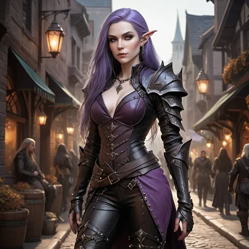 Prompt: hyper-realistic Full body, (attractive) and (mysterious) Female Elandrin Elf of Autumn, rogue, pale skin, purple long hair wearing a black expensive tight studded leather armor with high heels black leather boots, and a shadowy demeanor. The background is a street of the city of Waterdeep, adding to the enchanted atmosphere. Medium: high quality, ultra-detailed, cinematic, fantasy character art, illustration, dnd, warm tone