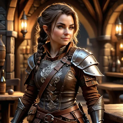 Prompt: Photorealistic, full body, (female halfling rogue), intricate detail on facial features, dynamic pose, wearing a detailed leather armor, carrying various tools and weapons, dramatic shadows, dimensional depth, soft lighting to enhance textures, finely crafted background resembling a medieval tavern, captivating atmosphere, (4K ultra-detailed)