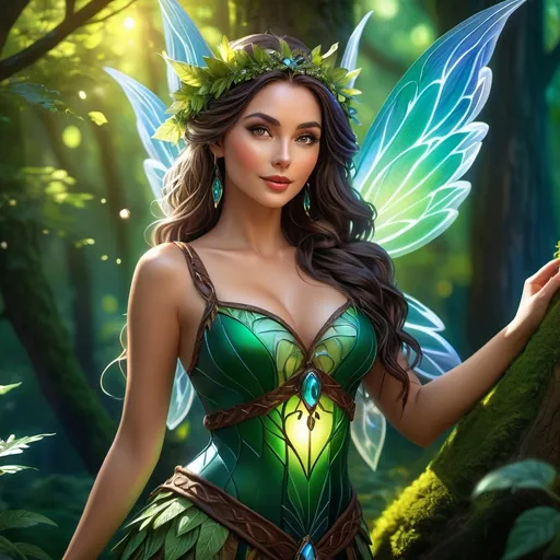 Prompt: Hyper-realisctic, (Full body character portrait), Female Fairy Druid, brunette, enchanting forest background, dramatic lighting casting playful shadows, intricate leafy attire, (beautiful, elegant pose), captivating expression with a hint of mischief, vibrant colors enhancing attractiveness, ultra-detailed eyes, ultra-detailed, whimsical atmosphere, 4K quality, fantasy art style.