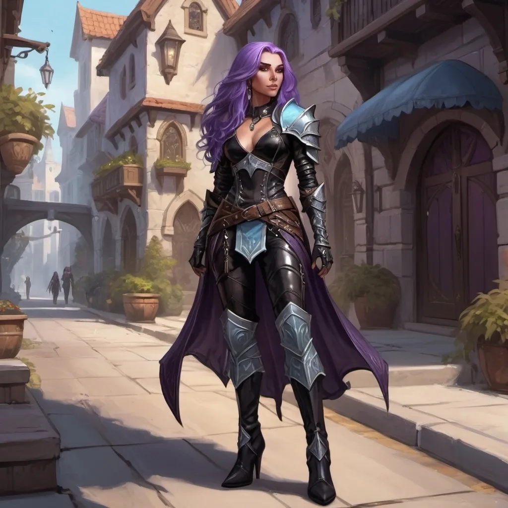 Prompt: A full body attractive character rogue female Auttum Eladrin elf stands on a street of the city of Neverwinter, she has long flowing purple hair, ice blue eyes and a regal and ethereal beauty, she wears black studded leather armour and and high heels black leather boots . fantasy character art, illustration, dnd, warm tone, 