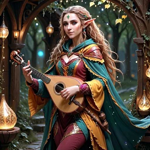 Prompt: (half elf), full body, attractive and alluring female bard, wearing a vibrant cloak, intricately designed musical instrument slung across her back, captivating expression, defined facial features, flowing hair, detailed accessories, set in a magical fantasy environment, soft glowing lights around, enchanting and inviting atmosphere, highly detailed, ultra-detailed 4K quality.