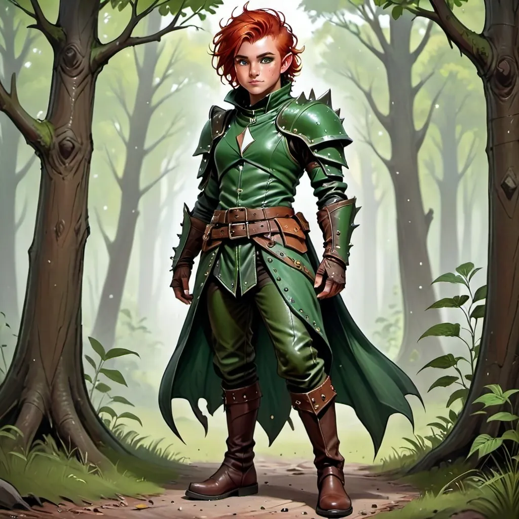 Prompt: A full body HALFING male ranger in his early thirthy’s, with a tought appearance and  lean build, stands proudly. His eyes, an striking shade of piercing brown, sparkle with confidence , while his short spiked red hair is styled with a few loose strands framing his forehead. His skin is a warn tone. Wears a dark green cloack that covers him and  a stylish green studded leather armor, cinched at the waist by a wide, studded leather belt, and matching green loose-fitting pants, tucked into green boots. The background is a forest. Full body, art illustration,  dnd, 