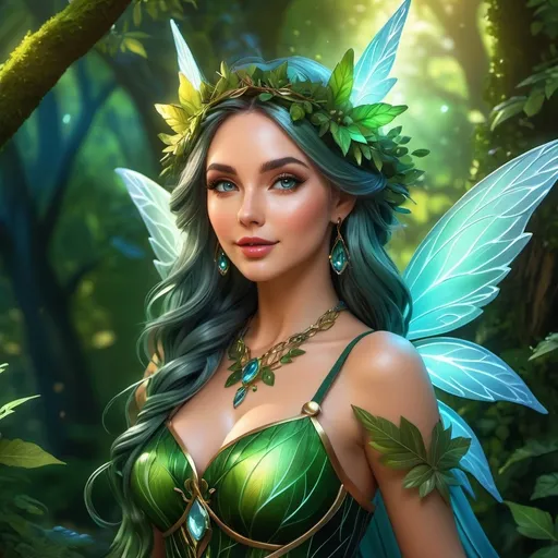 Prompt: Hyper-realisctic, (Full body character portrait), Female Fairy Druid, enchanting forest background, dramatic lighting casting playful shadows, intricate leafy attire, (beautiful, elegant pose), captivating expression with a hint of mischief, vibrant colors enhancing attractiveness, ultra-detailed eyes, ultra-detailed, whimsical atmosphere, 4K quality, fantasy art style.