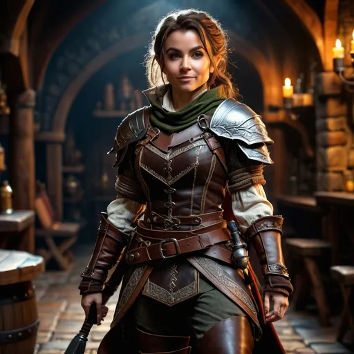 Prompt: Photorealistic, full body, (female halfling rogue), intricate detail on facial features, dynamic pose, wearing a detailed leather armor, carrying various tools and weapons, dramatic shadows, dimensional depth, soft lighting to enhance textures, finely crafted background resembling a medieval tavern, captivating atmosphere, (4K ultra-detailed)